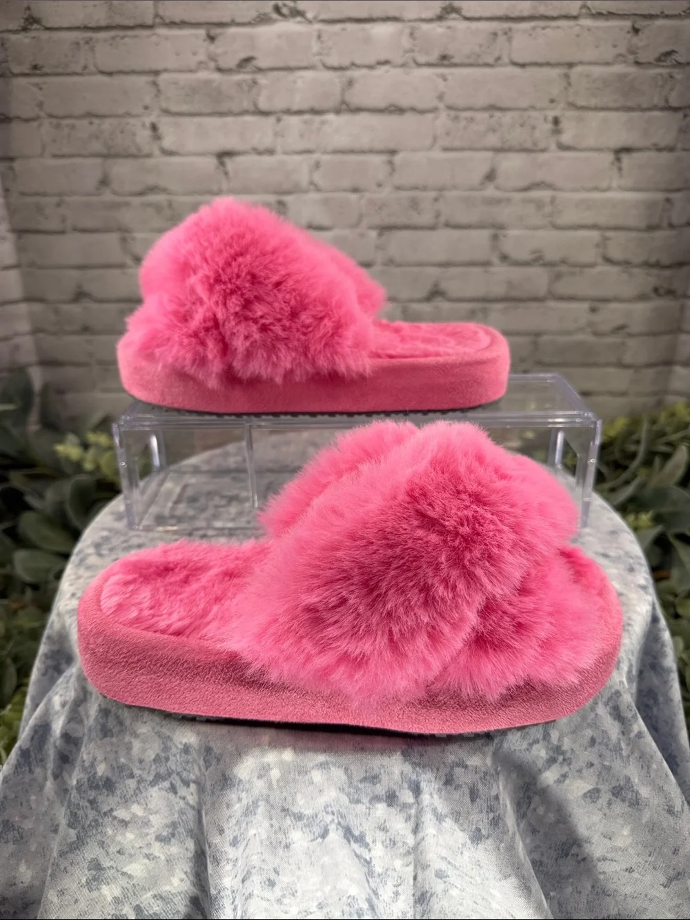 Breezy Stride Pink Fluffy Open Toe Cross-band Cozy Platform Slippers Girls 3M